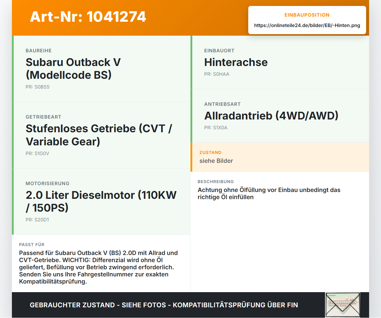 Subaru Outback V BS 15-21 2,0D 110KW 4WD Differential Hinterachsgetriebe Hinten Subaru Outback V BS 15-21... Vorschau 3