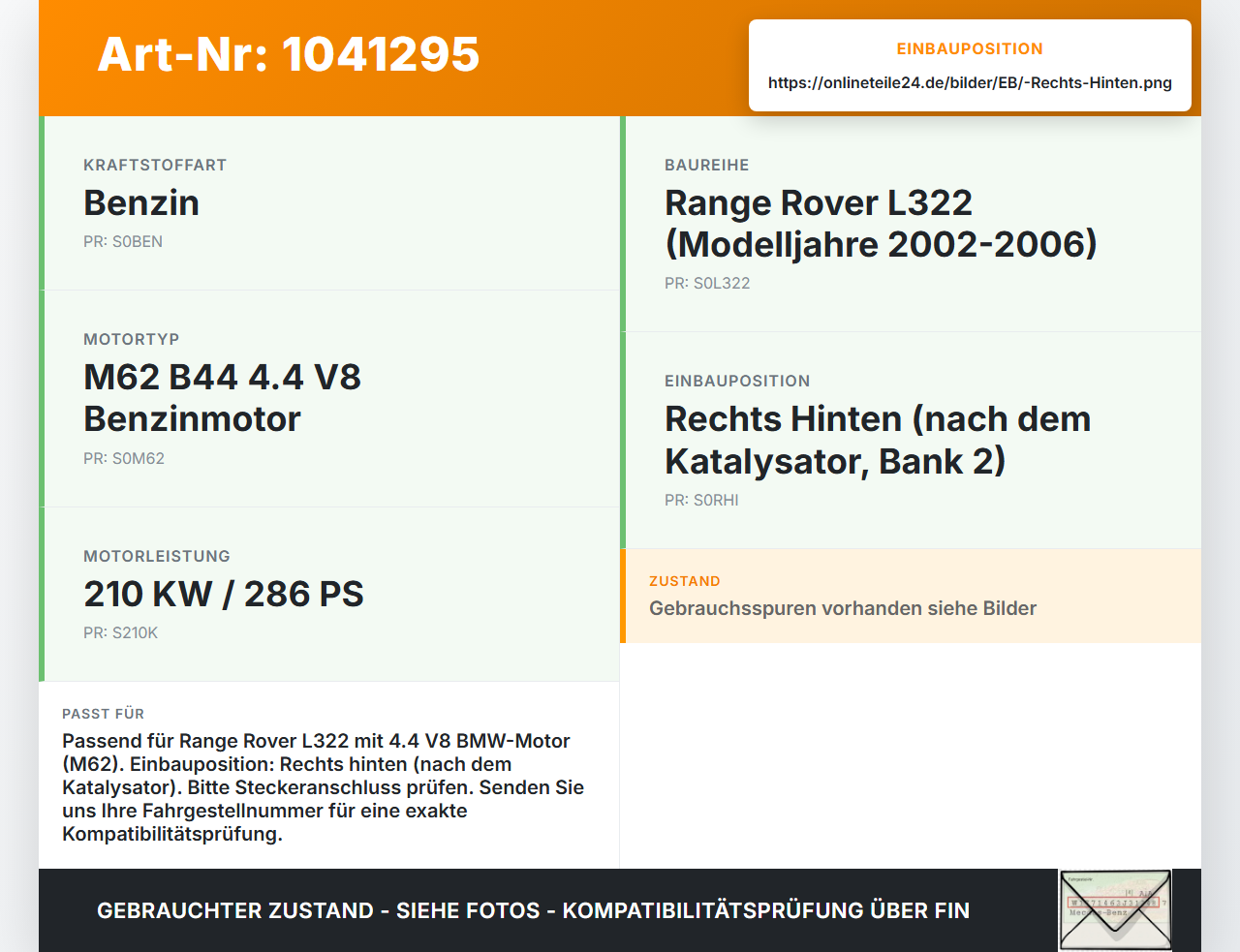 Land Range Rover III L322 02-06 4,4 210KW Lambdasonde Rechts Hinten Land Range Rover III L322 02-06 02.08.2002 gebraucht Vorschau 3