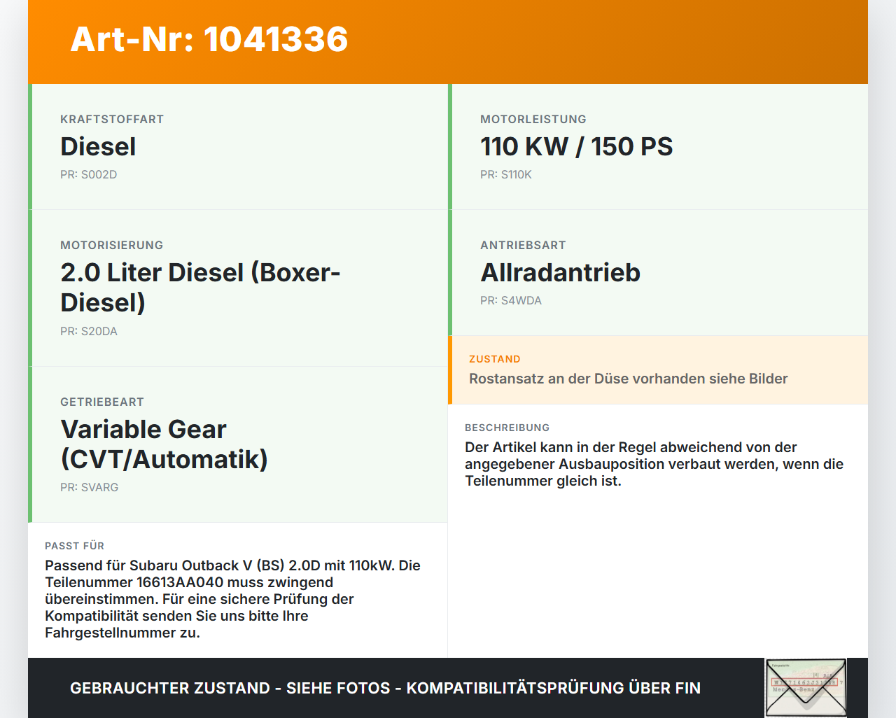 Subaru Outback V BS 15-21 2,0D 110KW Injektor Einspritzdüse Zyl.3 Subaru Outback V BS 15-21 19.03.20154 16613AA040... Vorschau 3
