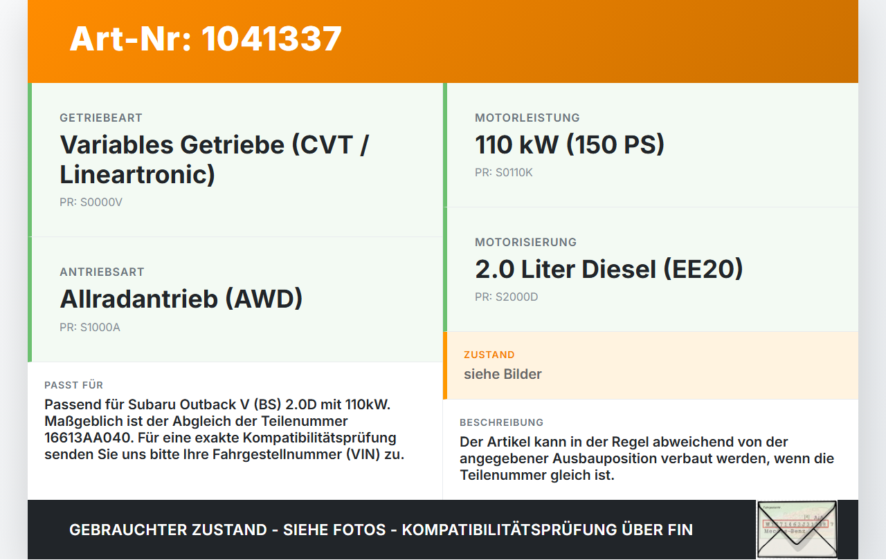 Subaru Outback V BS 15-21 2,0D 110KW Injektor Einspritzdüse Zyl.4 Subaru Outback V BS 15-21 19.03.20154 16613AA040... Vorschau 3