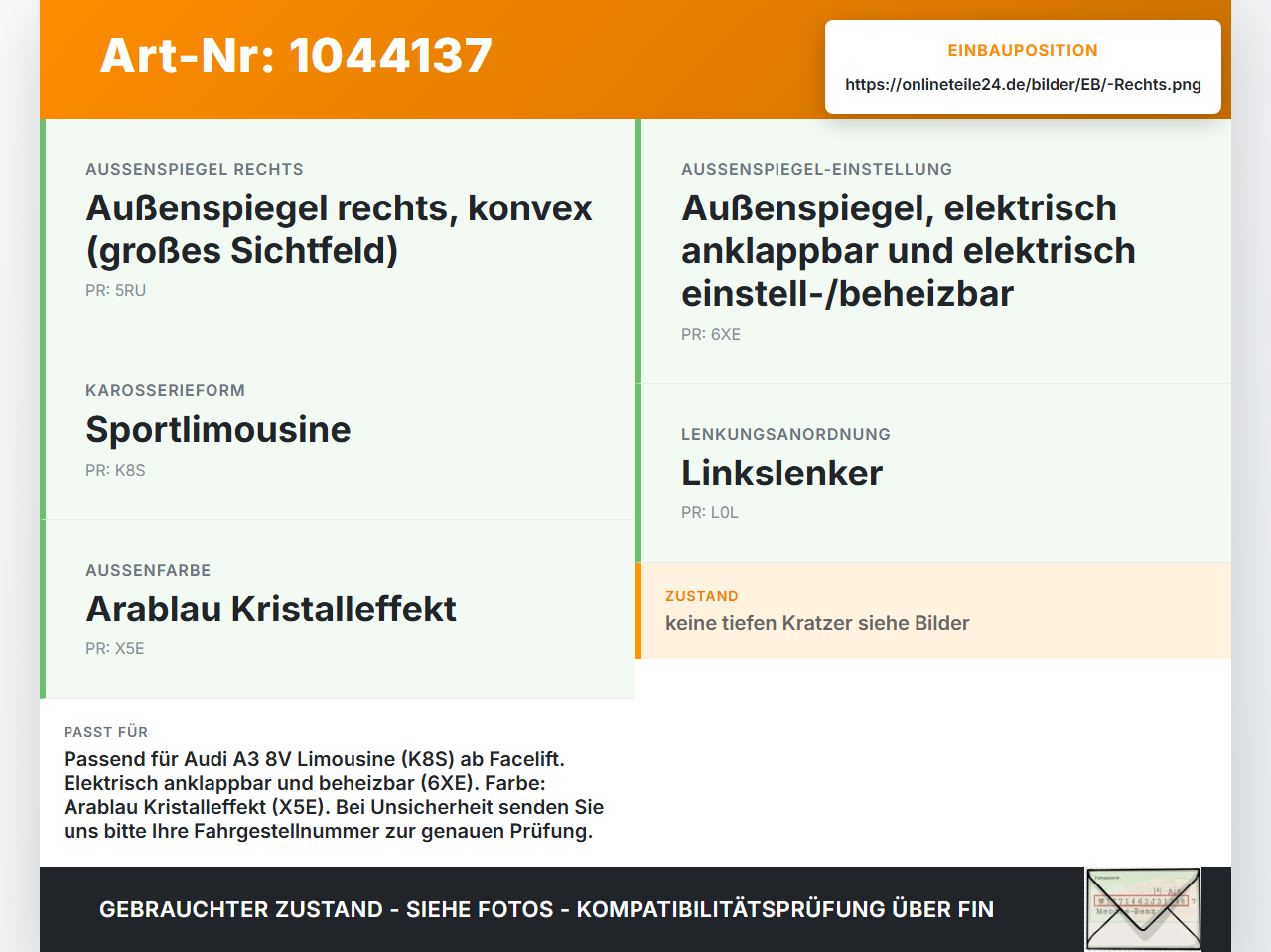 Audi A3 8V 8VS 16-20 Spiegel Aussenspiegel Rechts LX5E Audi A3 8V 8VS 16-20 18.12.2019 8V5857410AG A055714 gebraucht Vorschau 3
