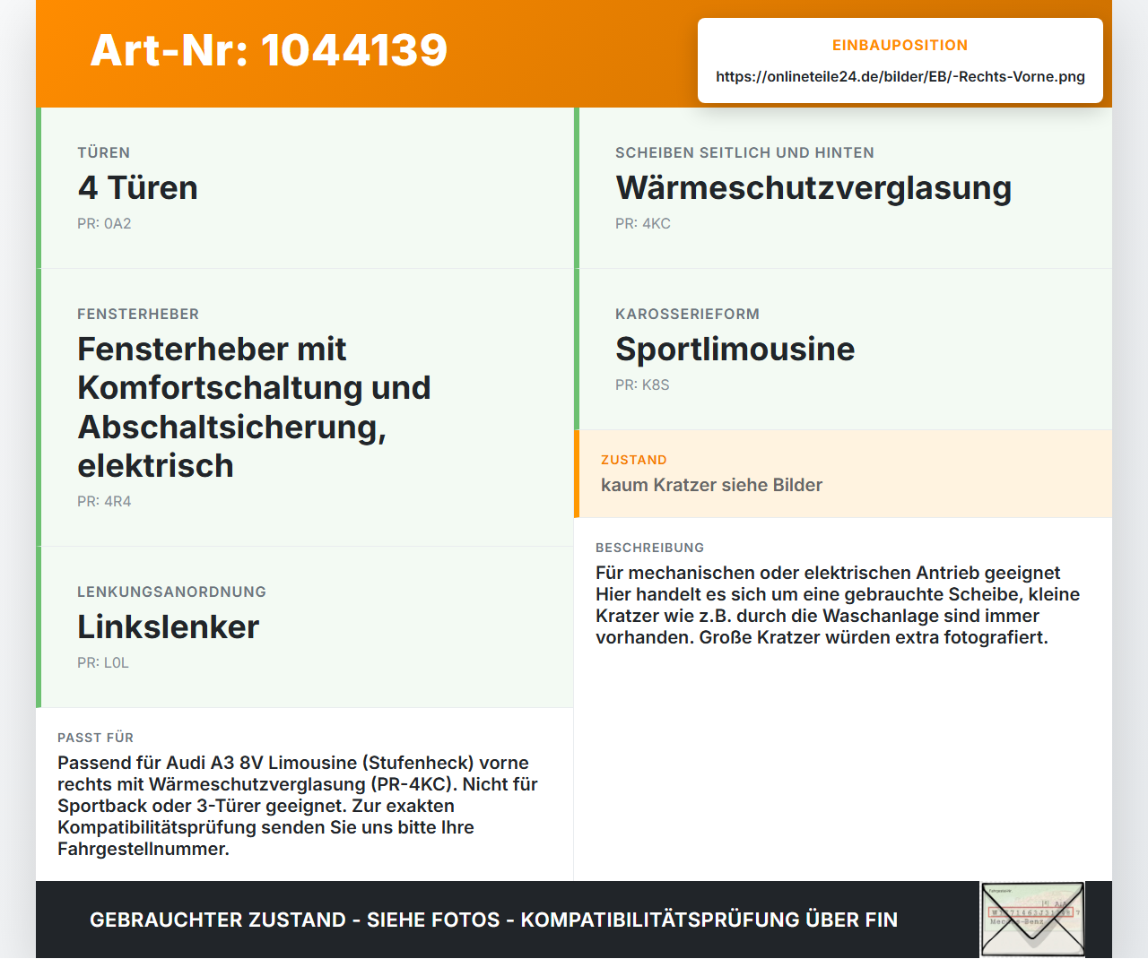 Audi A3 8V 8VS 16-20 Lim Seitenscheibe RVK Türscheibe Rechts Vorne Audi A3 8V 8VS 16-20 18.12.2019 8V5845202 gebraucht Vorschau 3