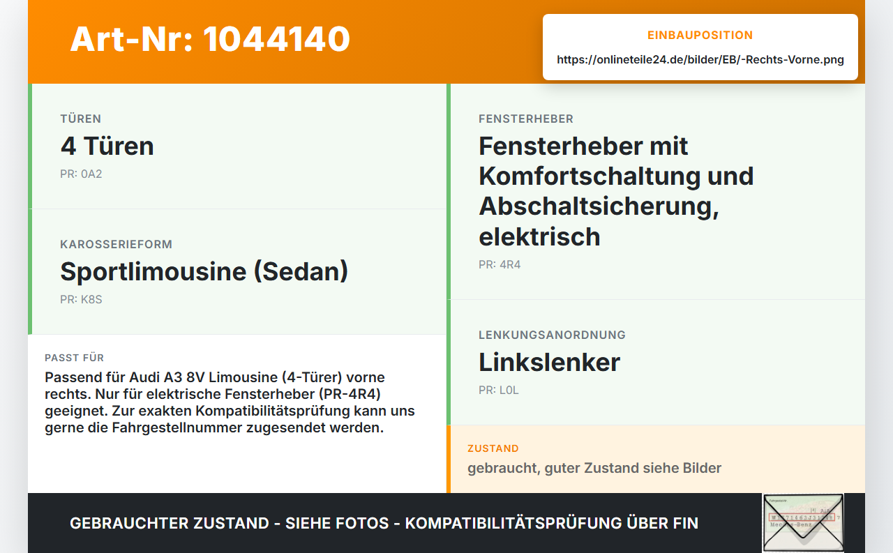 Audi A3 8V 8VS 16-20 Lim Fensterheber o. FH-Motor Rechts Vorne Audi A3 8V 8VS 16-20 18.12.2019 8V4837462 gebraucht Vorschau 3