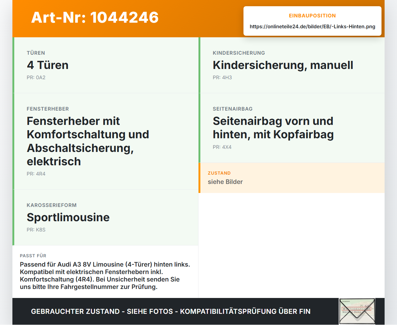 Audi A3 8V 8VS 16-20 Lim Fensterhebermotor Links Hinten Audi A3 8V 8VS 16-20 18.12.2019 5Q0959407 E-850202013... Vorschau 3