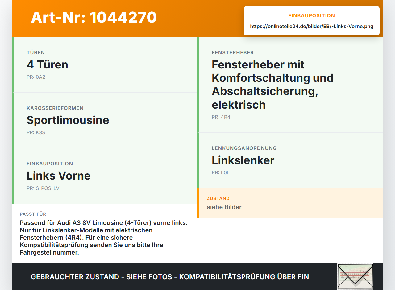 Audi A3 8V 8VS 16-20 Lim Fensterheber o. FH-Motor Links Vorne Audi A3 8V 8VS 16-20 18.12.2019 8V4837461 gebraucht Vorschau 3