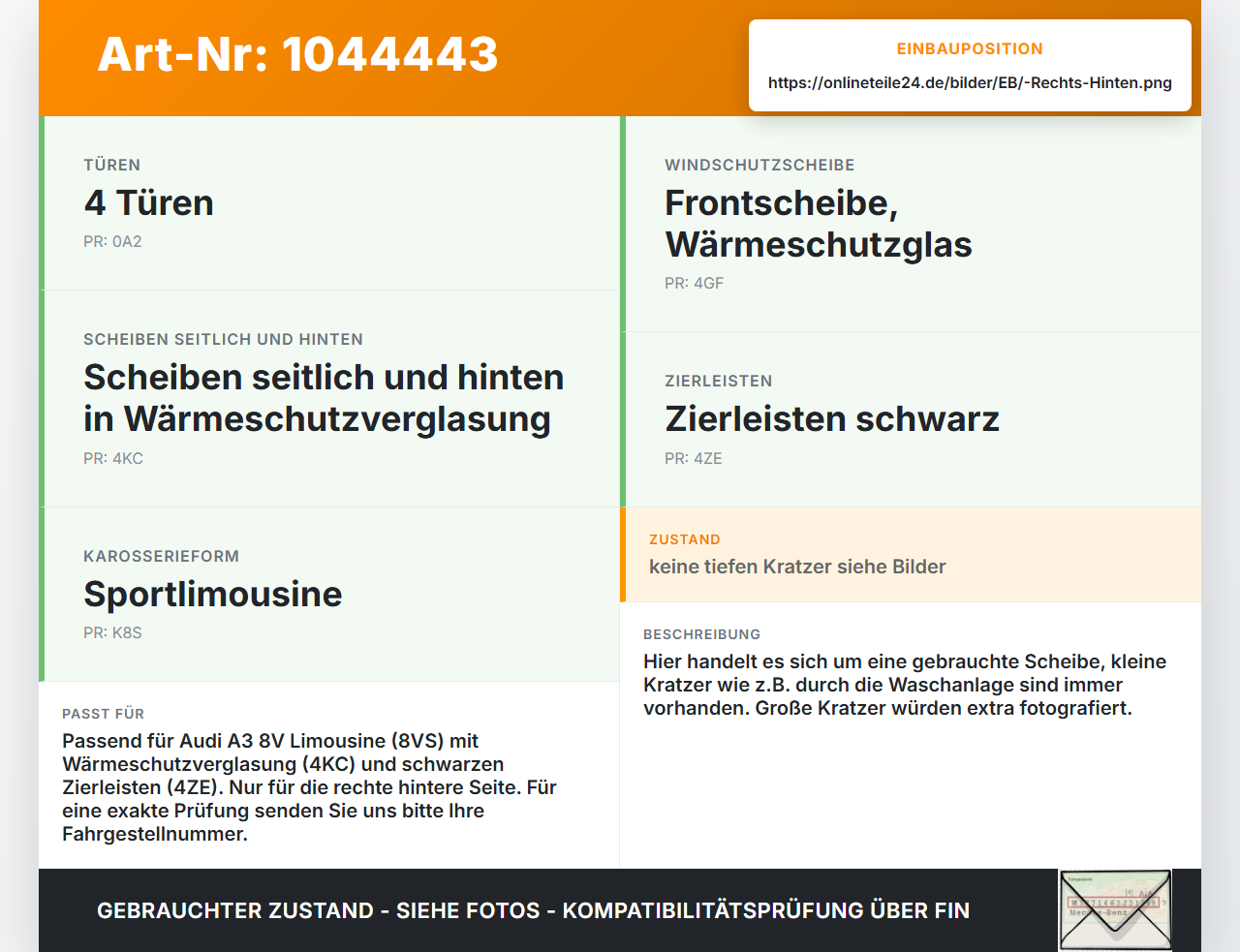 Audi A3 8V 8VS 16-20 Lim Seitenscheibe Dreieck Scheibe Rechts Hinten Audi A3 8V 8VS 16-20 18.12.2019 8V5845300H... Vorschau 3