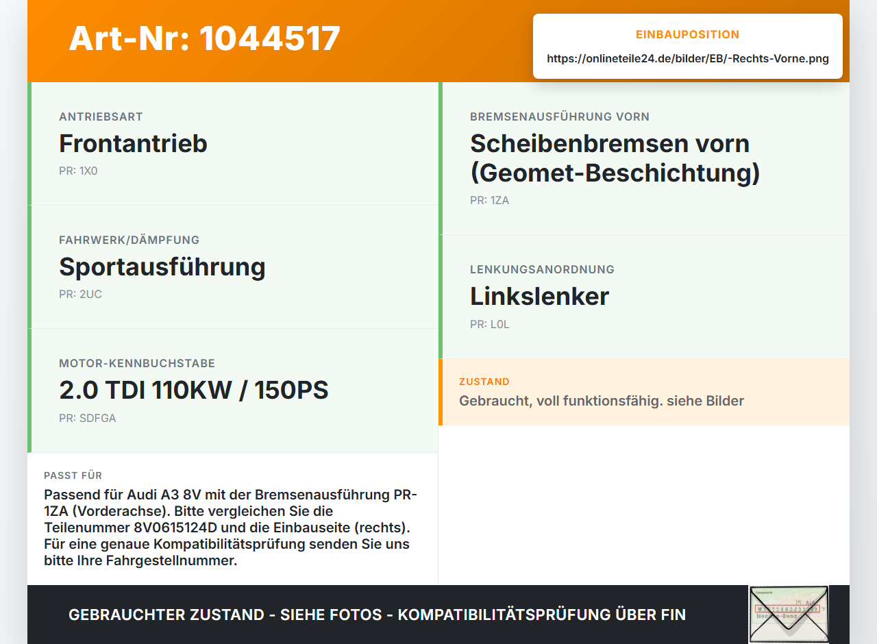 Audi A3 8V 8VS 16-20 TDI 2,0 110KW Bremssattel Bremszange Vorne Rechts Audi A3 8V 8VS 16-20 18.12.2019 8V0615124D... Vorschau 3