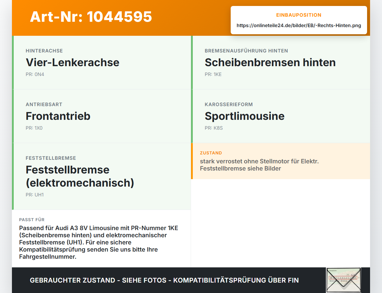 Audi A3 8V 8VS 16-20 TDI 2,0 110KW Bremssattel Bremszange Hinten Rechts Audi A3 8V 8VS 16-20 18.12.2019 8V0615424D... Vorschau 3