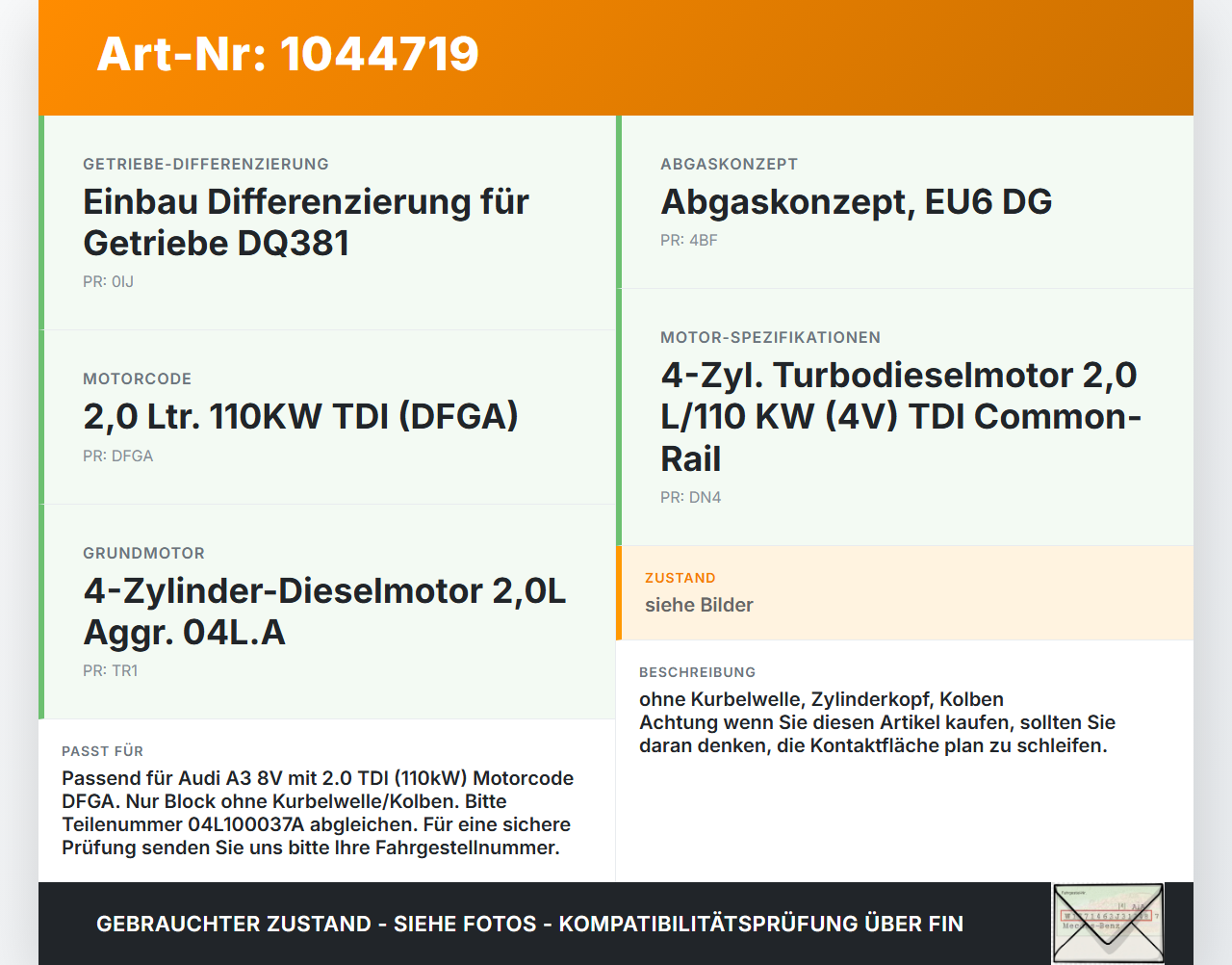 Audi A3 8V 8VS 16-20 TDI 2,0 110KW DFGA Motorblock für Motor Audi A3 8V 8VS 16-20 18.12.2019 04L100037A gebraucht Vorschau 3