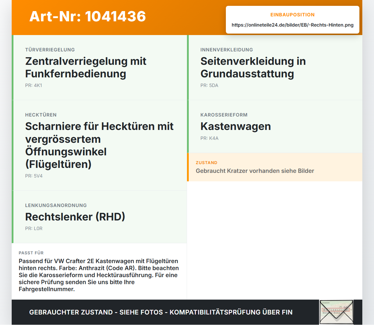 VW Crafter 2E 35 11-16 Kasten Griff Türgriff Innen Rechts Hinten für Flügeltür VW Crafter 2E 35 11-16 07.10.2016... Vorschau 3