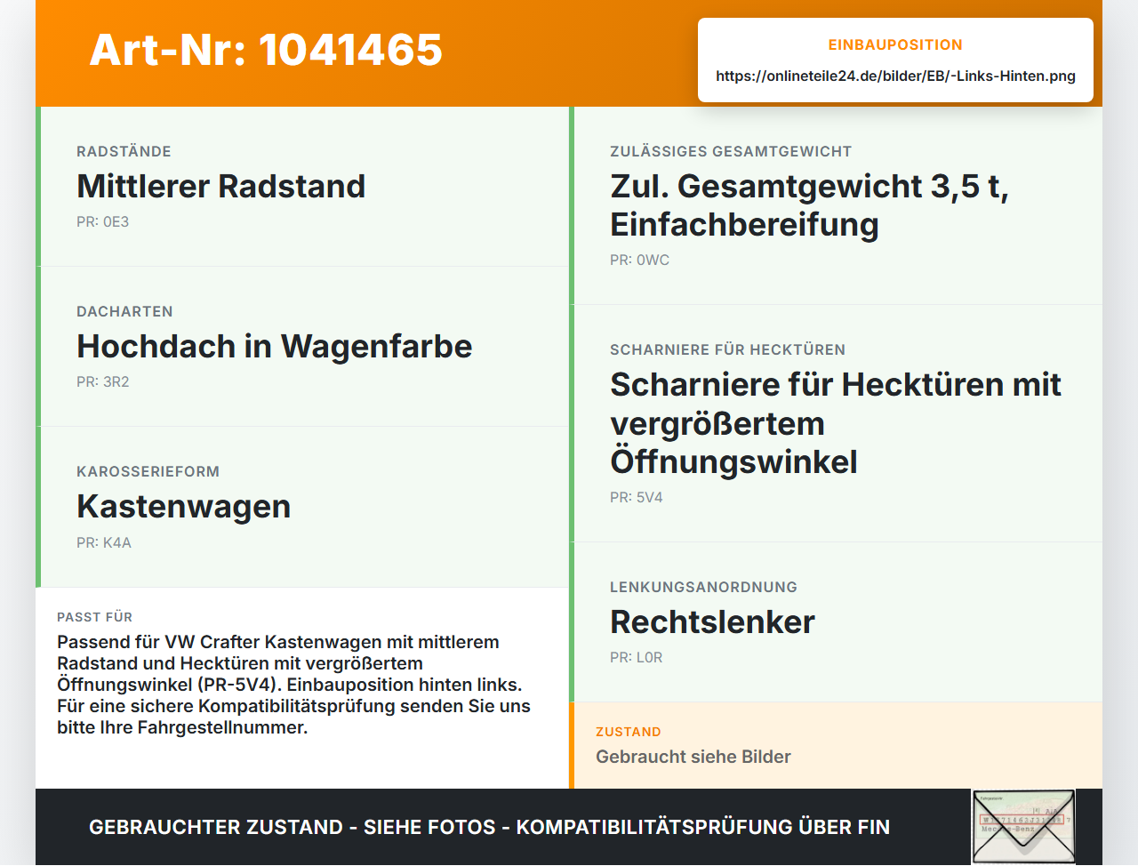 VW Crafter 2E 35 11-16 TDI 2,0 80KW Fang für Türfangband Links Hinten VW Crafter 2E 35 11-16 07.10.2016 gebraucht Vorschau 3