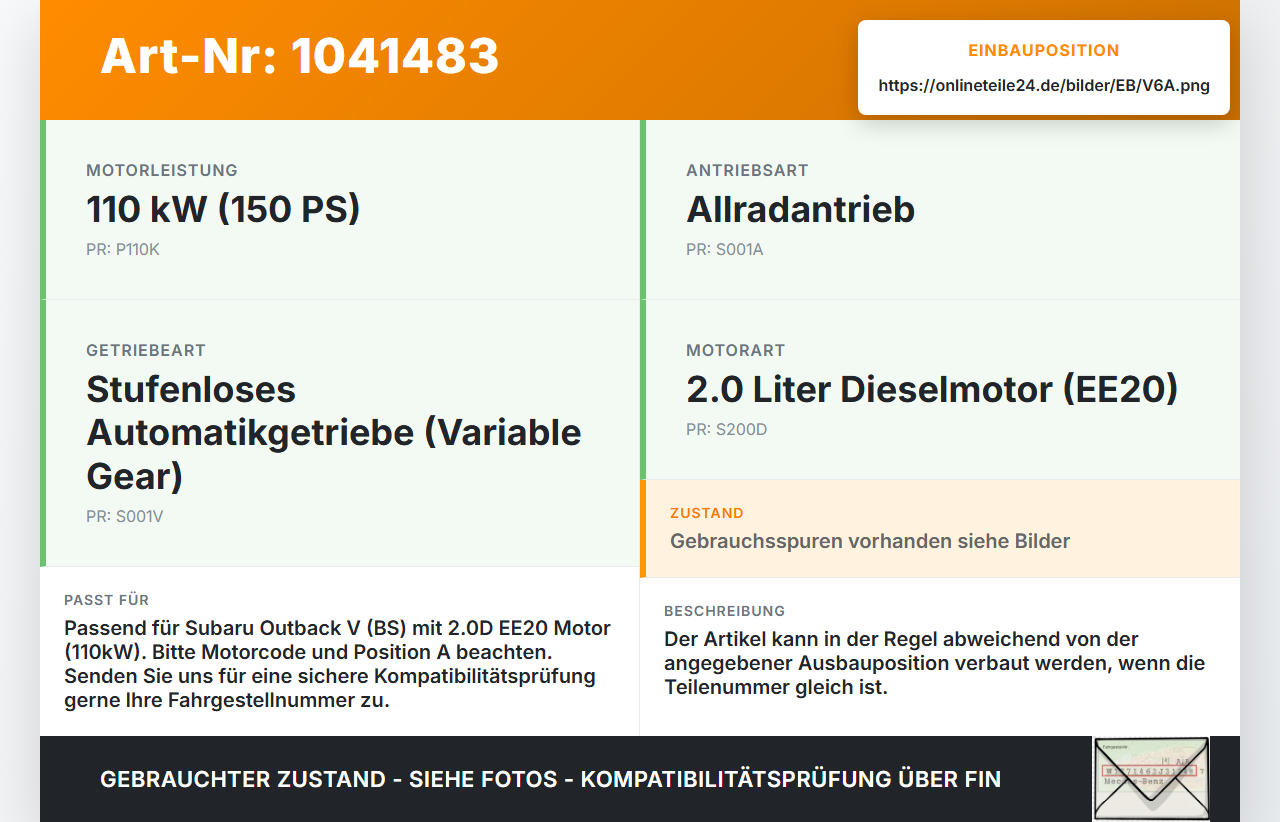 Subaru Outback V BS 15-21 2,0D 110KW Kolben mit Pleuel Pos A Subaru Outback V BS 15-21 19.03.20154 gebraucht Vorschau 3
