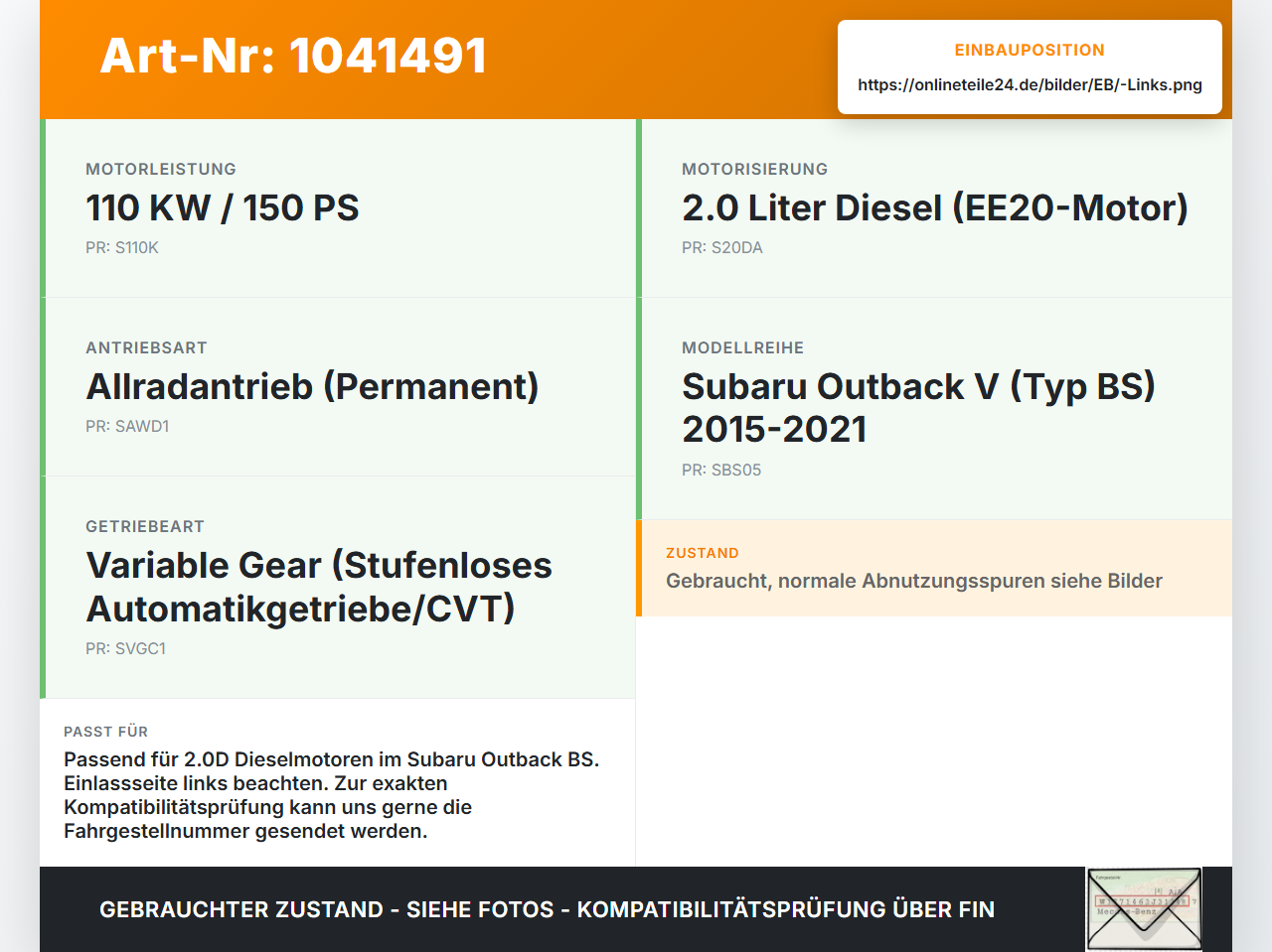 Subaru Outback V BS 15-21 2,0D 110KW Nockenwelle Einlass Links Subaru Outback V BS 15-21 19.03.20154 gebraucht Vorschau 3