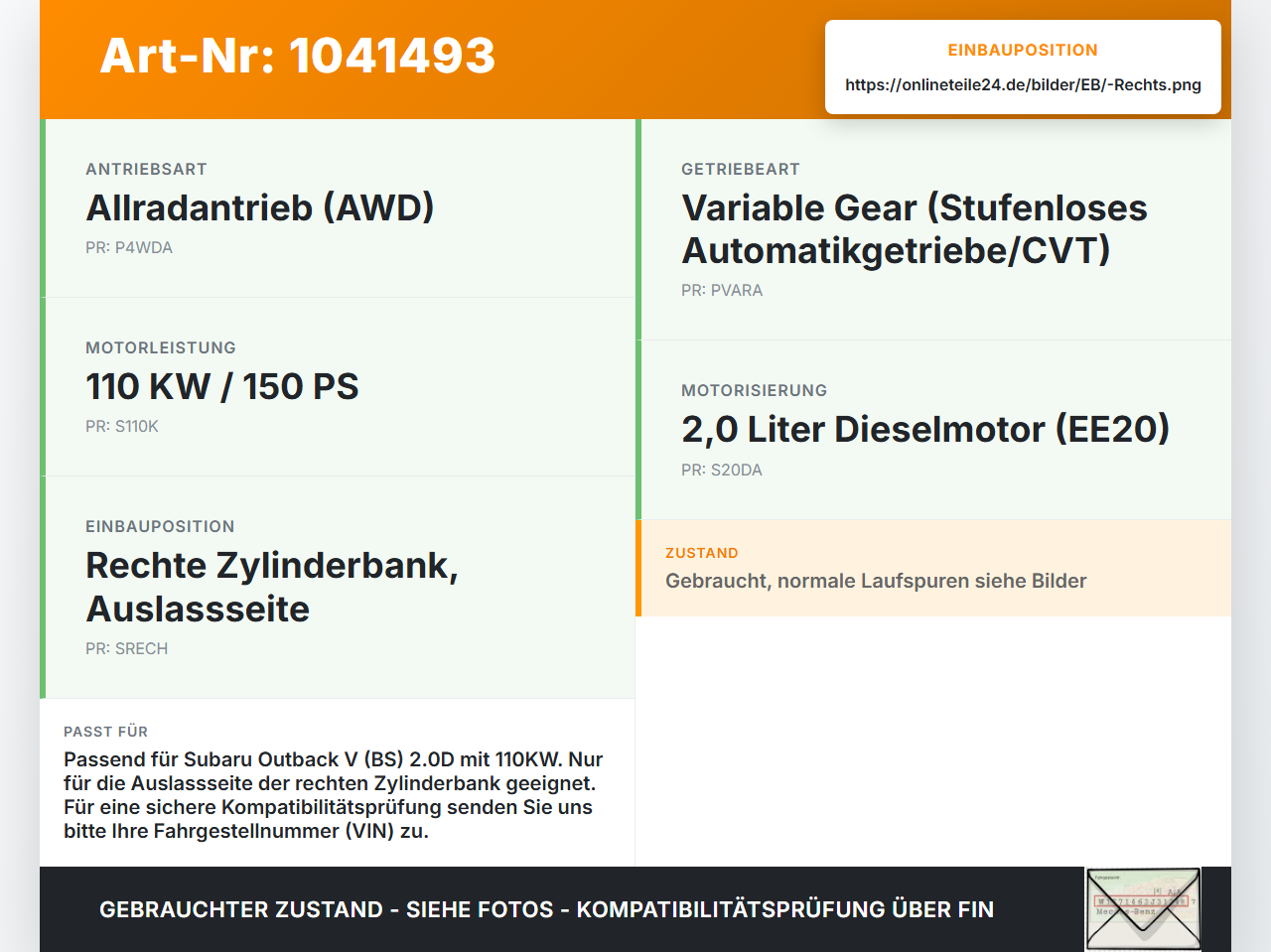 Subaru Outback V BS 15-21 2,0D 110KW Nockenwelle Auslass Rechts Subaru Outback V BS 15-21 19.03.20154 gebraucht Vorschau 3