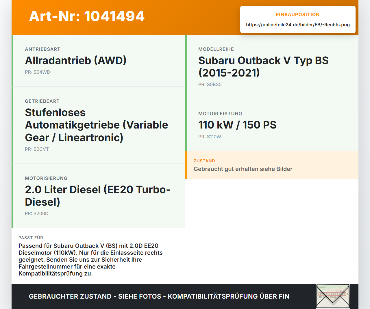Subaru Outback V BS 15-21 2,0D 110KW Nockenwelle Einlass Rechts Subaru Outback V BS 15-21 19.03.20154 gebraucht Vorschau 3