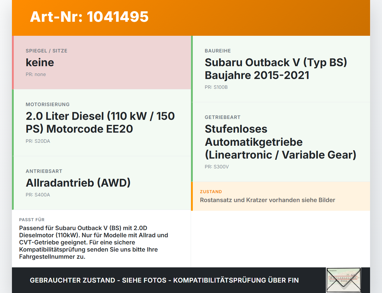 Subaru Outback V BS 15-21 2,0D 110KW Ölwanne Motorwanne Subaru Outback V BS 15-21 19.03.20154 gebraucht Vorschau 3