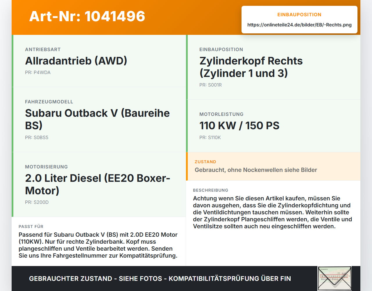 Subaru Outback V BS 15-21 2,0D 110KW Zylinderkopf Rechts Subaru Outback V BS 15-21 19.03.20154 gebraucht Vorschau 3