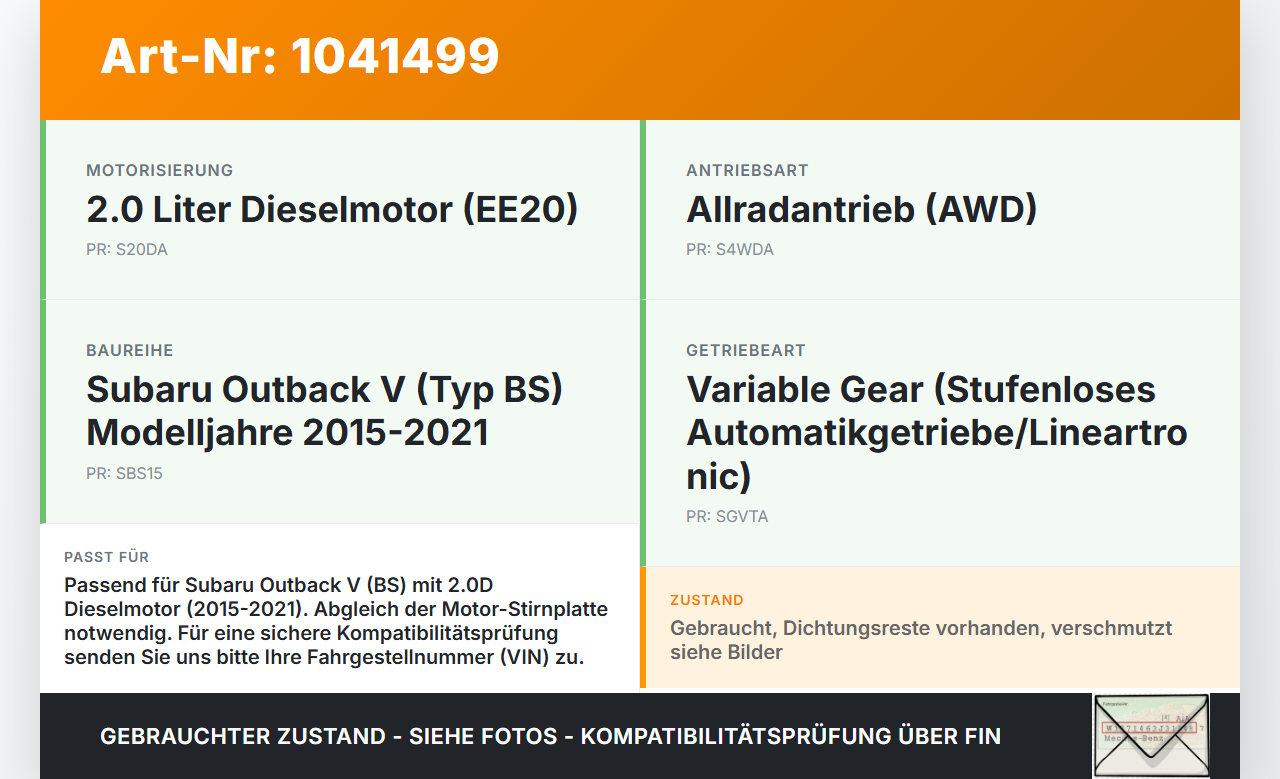 Subaru Outback V BS 15-21 2,0D 110KW Platte für Motor Stirnplatte Gehäuse Motorblock Subaru Outback V BS 15-21... Vorschau 3