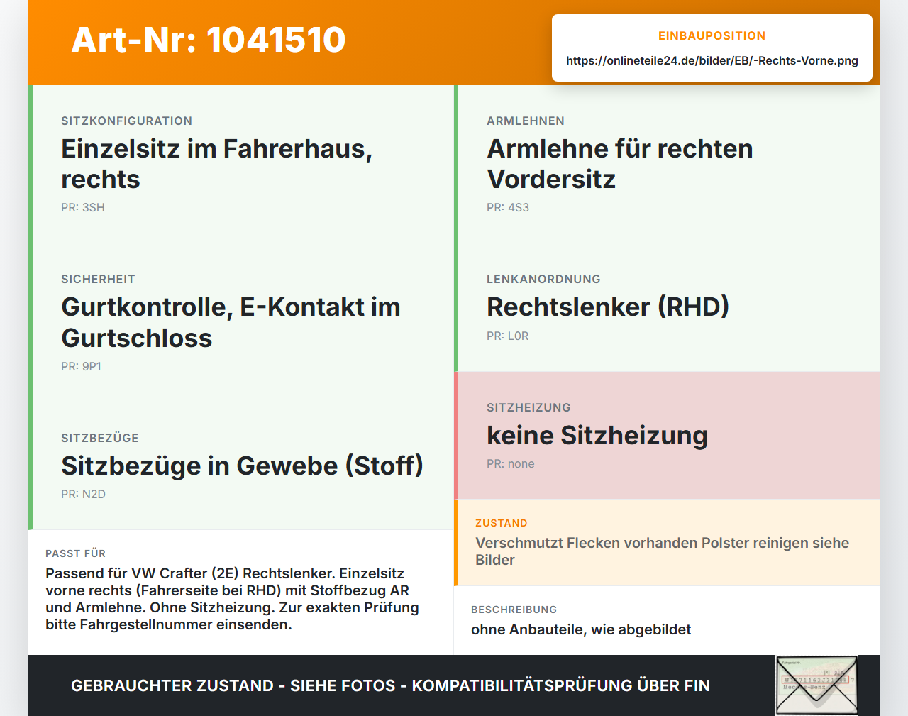 VW Crafter 2E 35 11-16 Kasten Sitz Beifahrersitz Vorne Rechts VW Crafter 2E 35 11-16 07.10.2016 2E0881371N gebraucht Vorschau 3