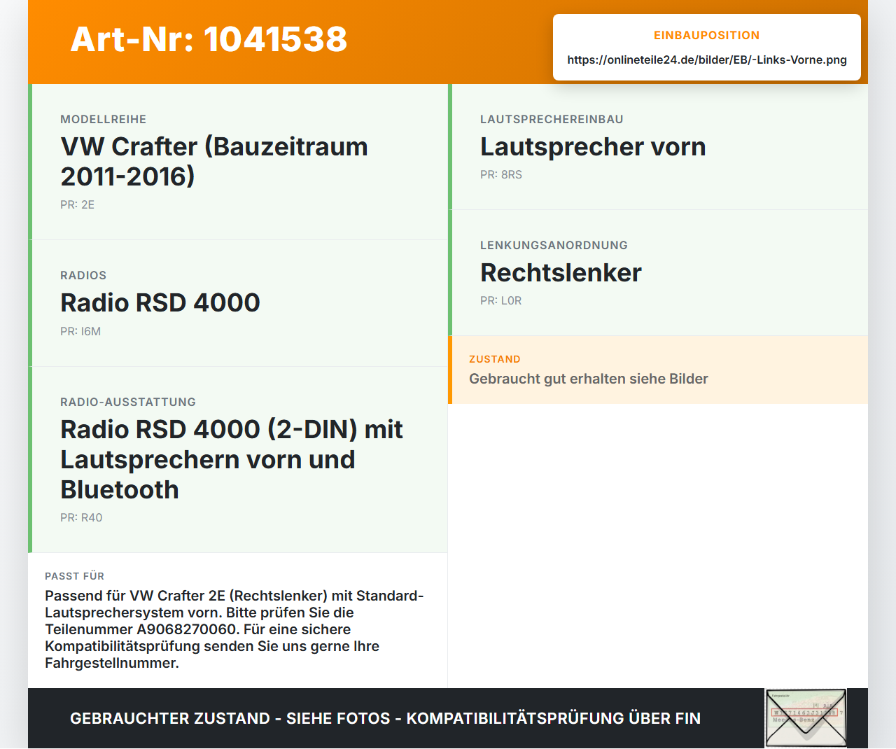 VW Crafter 2E 35 11-16 Lautsprecher Links Vorne VW Crafter 2E 35 11-16 07.10.2016 2E0035361 A9068270060 7297241028... Vorschau 3