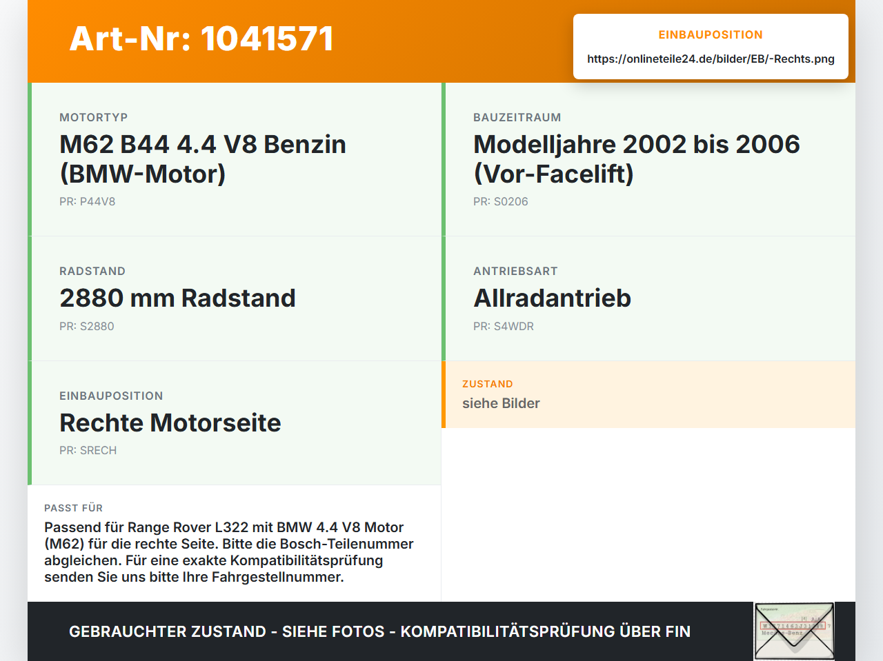 Land Range Rover III L322 02-06 Klopfsensor Sensor Rechts Land Range Rover III L322 02-06 02.08.2002 0261231135... Vorschau 3