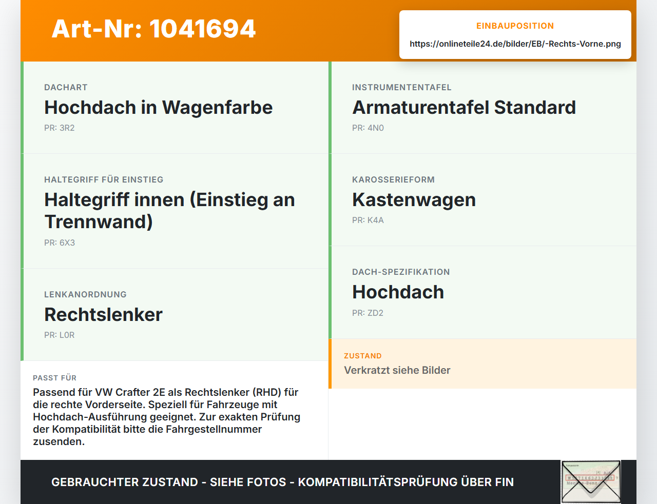 VW Crafter 2E 35 11-16 Kasten Handgriff Haltegriff für Himmel Aufnahme für Sonnenblende Rechts Vorne VW Crafter 2E... Vorschau 3