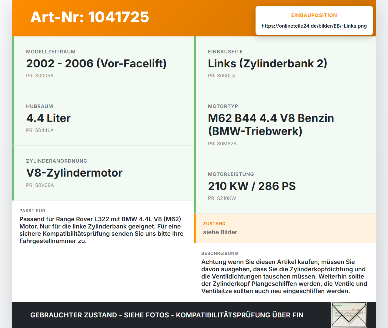 Land Range Rover III L322 02-06 4,4 210KW Zylinderkopf Links Land Range Rover III L322 02-06 02.08.2002 gebraucht Vorschau 3