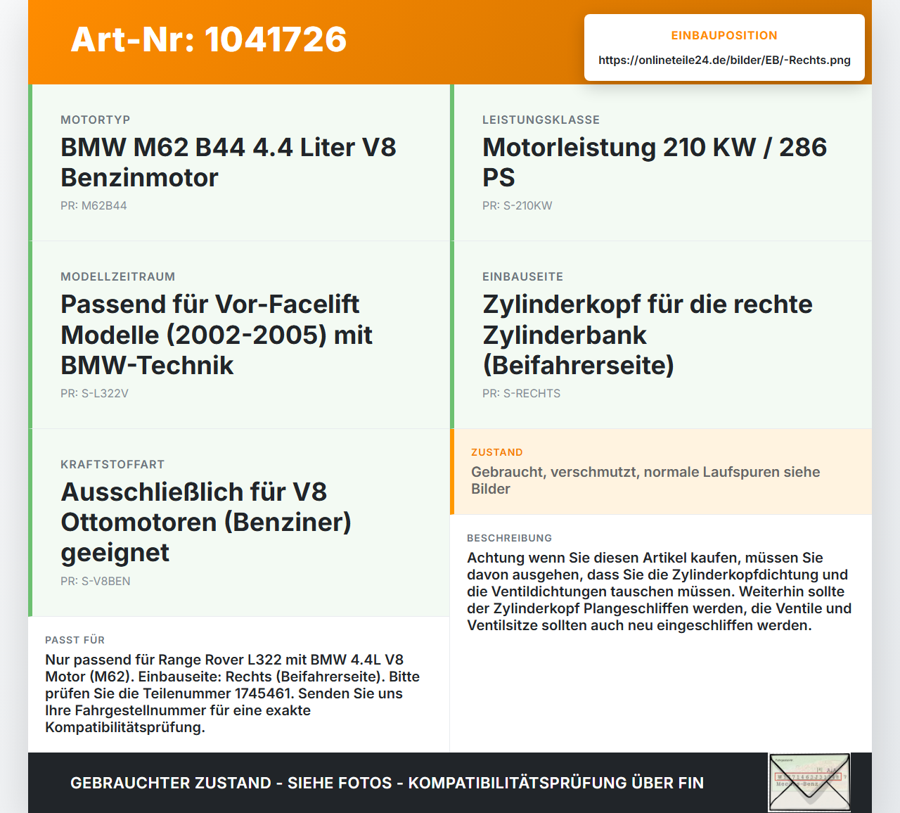 Land Range Rover III L322 02-06 4,4 210KW M62 B44 Zylinderkopf Rechts Land Range Rover III L322 02-06 02.08.2002... Vorschau 3