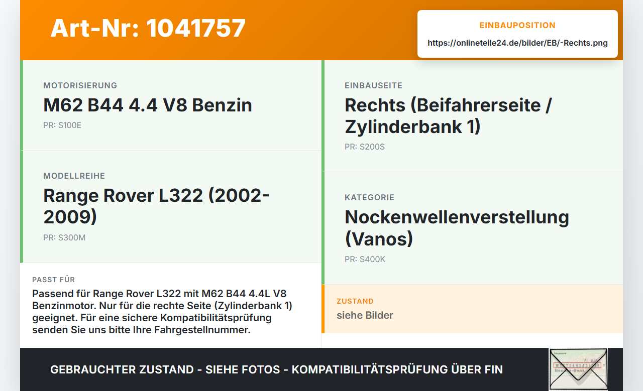 Land Range Rover III L322 02-06 4,4 210KW M62 B44 Vanos Verstellung Nockenwellenverstellung Rechts Land Range Rover... Vorschau 3