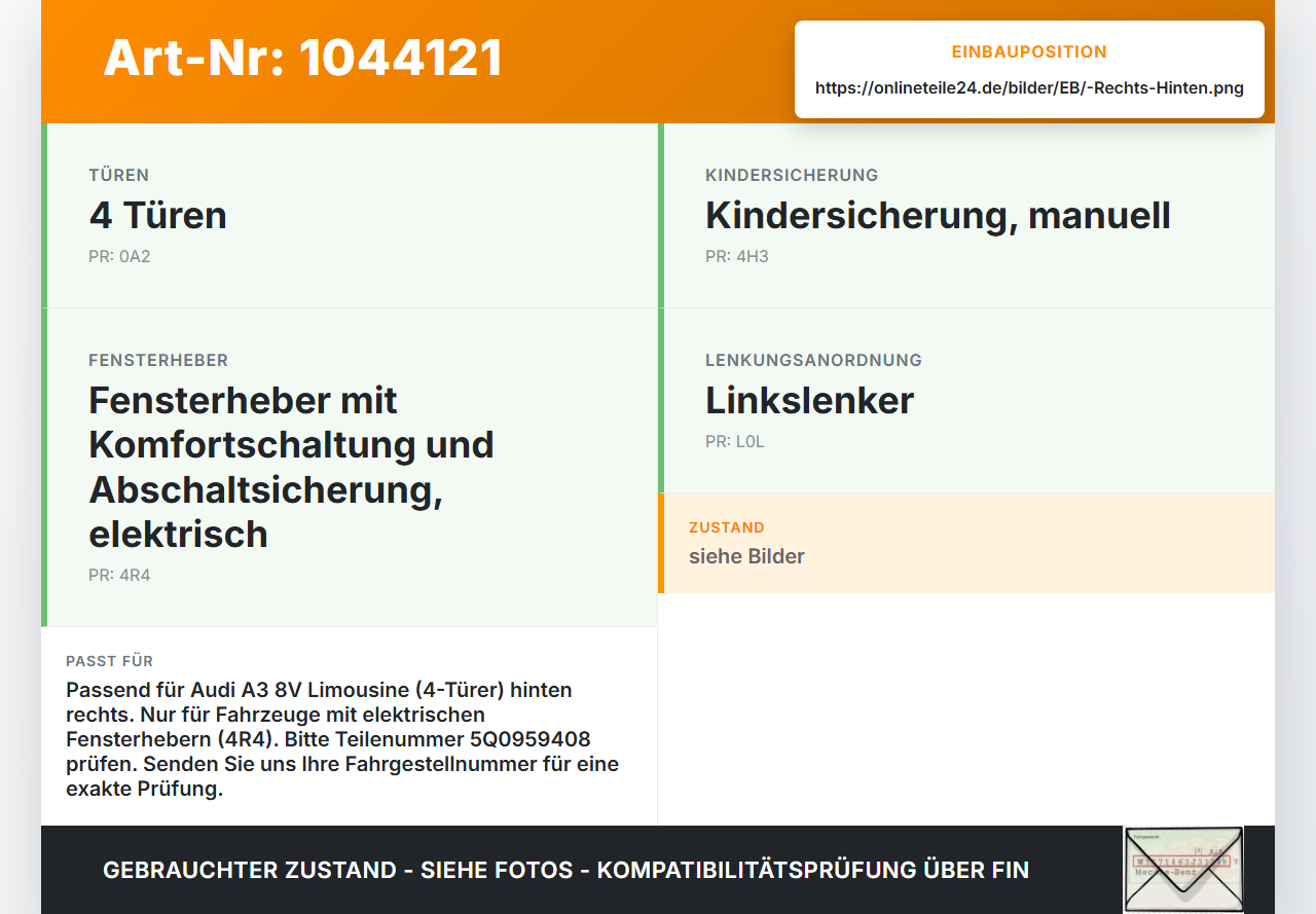 Audi A3 8V 8VS 16-20 Lim Fensterhebermotor Rechts Hinten Audi A3 8V 8VS 16-20 18.12.2019 5Q0959408 gebraucht Vorschau 3