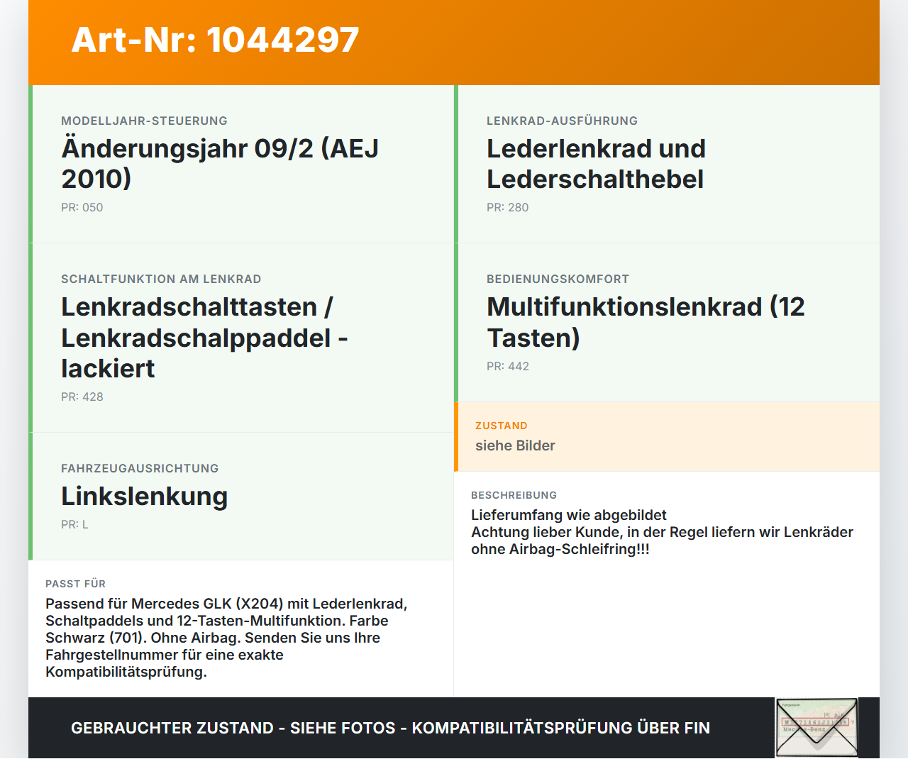 Mercedes X204 08-12 Lenkrad ohne Airbag Leder Mercedes X204 08-12 04.12.2009 A2044603303 306989199162-AA gebraucht Vorschau 3