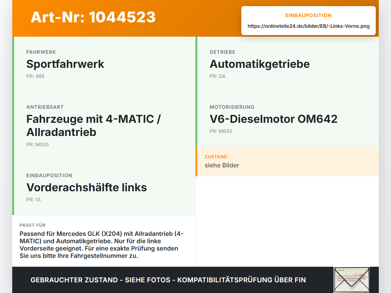 Mercedes X204 08-12 3.0 165KW Autom 4WD Antriebswelle Gelenkwelle Links Vorne Mercedes X204 08-12 04.12.2009... Vorschau 3