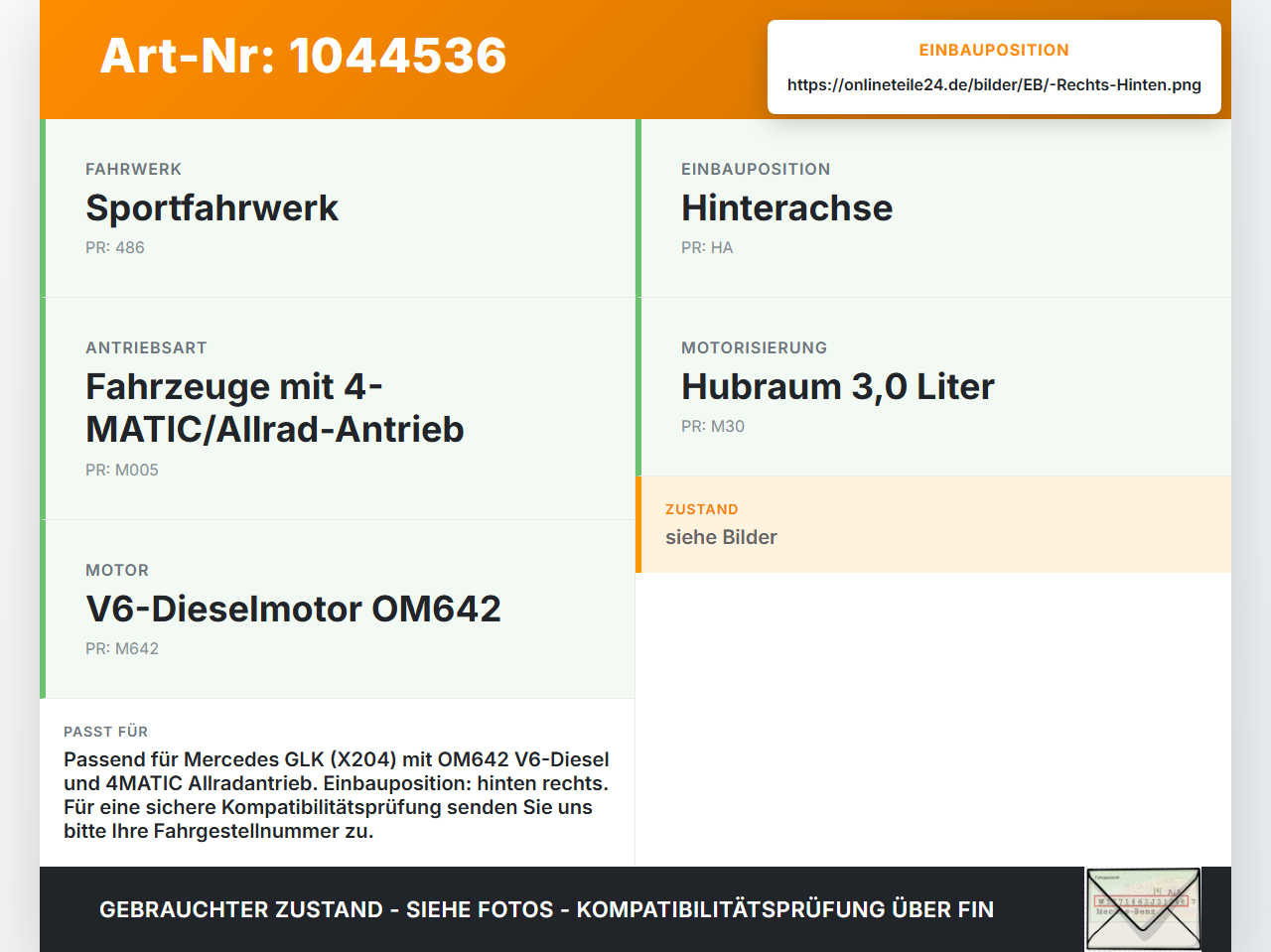 Mercedes X204 08-12  3.0 165KW 4WD Antriebswelle Gelenkwelle Rechts Hinten Mercedes X204 08-12 04.12.2009... Vorschau 3