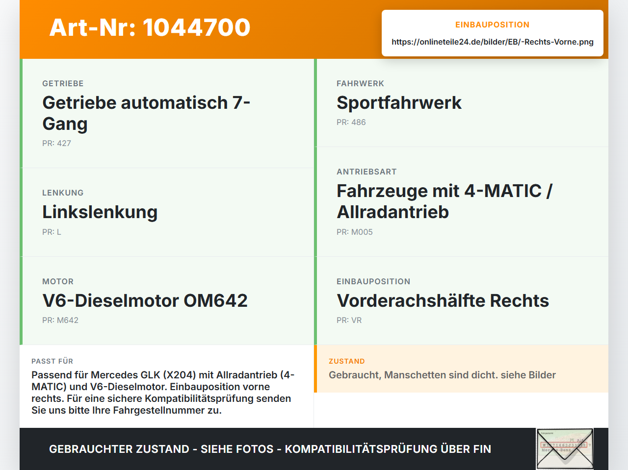 Mercedes X204 08-12 3.0 165KW Autom 4WD Antriebswelle Gelenkwelle Rechts Vorne Mercedes X204 08-12 04.12.2009... Vorschau 3