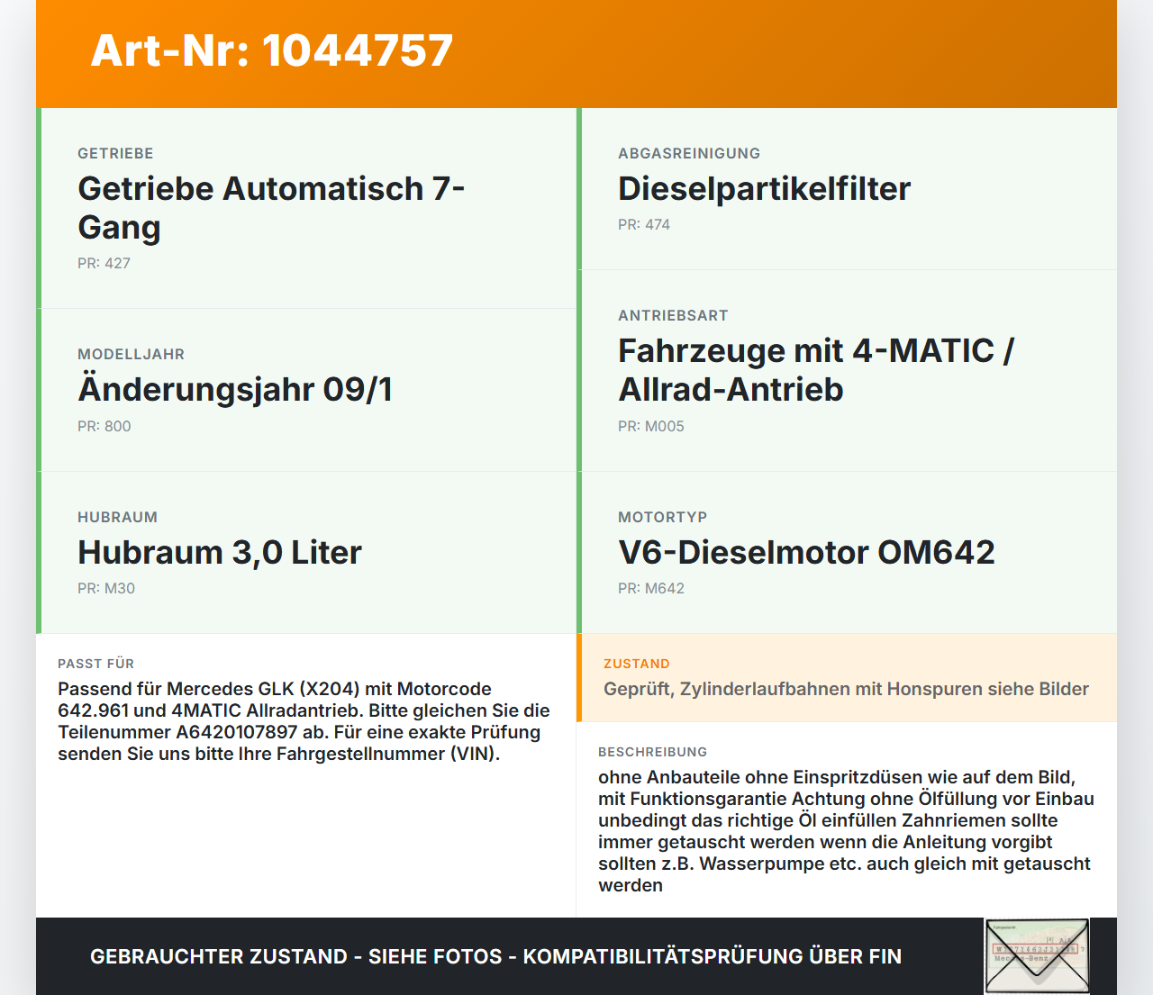Mercedes X204 08-12 3.0 165KW 642961 Motor Triebwerk Mercedes X204 08-12 04.12.2009 A6420107897 gebraucht Vorschau 3