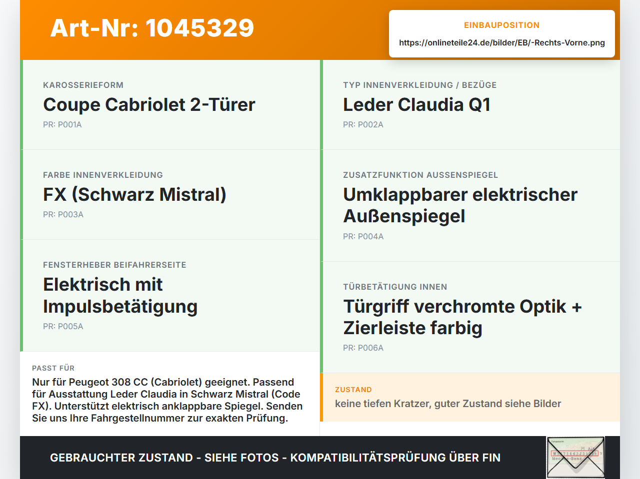 Peugeot 308 I CC 11-15 Cabrio Türverkleidung Türpappe Rechts Vorne Peugeot 308 I CC 11-15 20.04.2012 9342XG gebraucht Vorschau 3