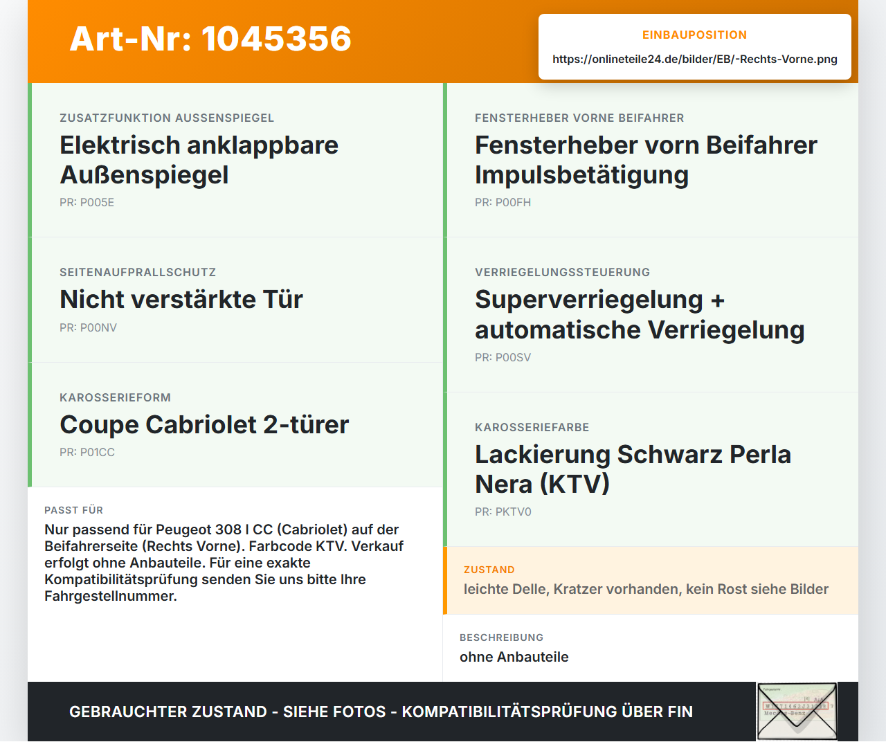 Peugeot 308 I CC 11-15 Cabrio Tür Beifahrertür Rechts Vorne KTV Peugeot 308 I CC 11-15 20.04.2012 9004AP gebraucht Vorschau 3