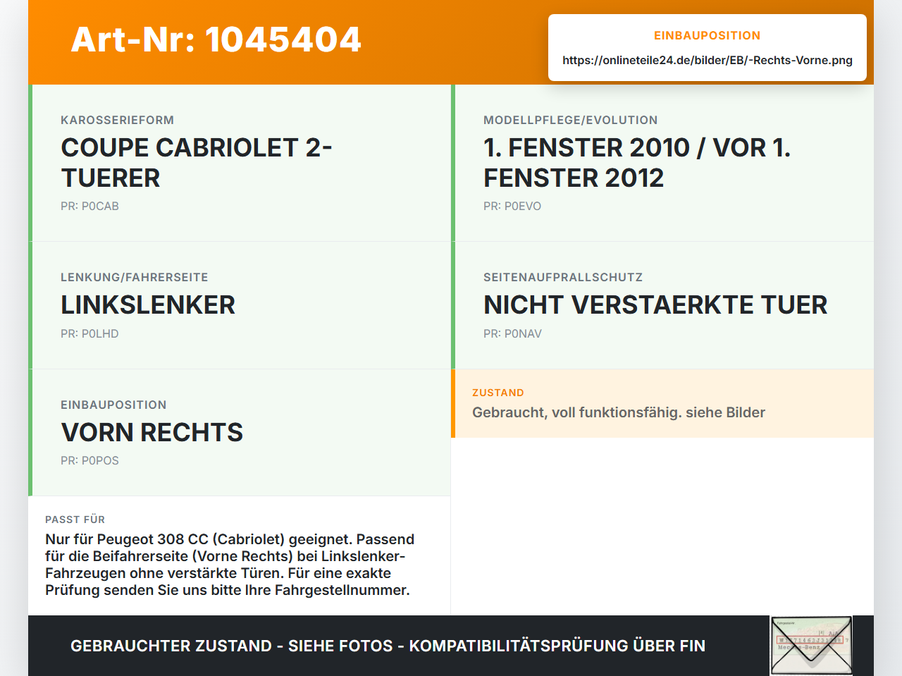 Peugeot 308 I CC 11-15 Cabrio Türfangband Türbremse Türanschlag Rechts Vorne Peugeot 308 I CC 11-15 20.04.2012... Vorschau 3