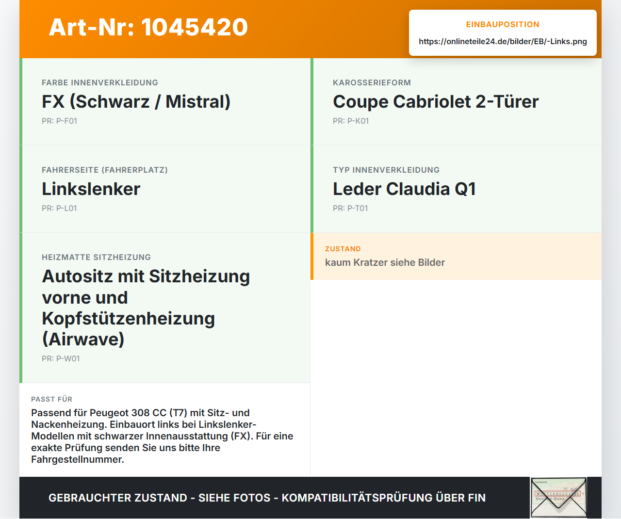 Peugeot 308 I CC 11-15 Sitzheizung Schalter Regler Links Peugeot 308 I CC 11-15 20.04.2012 8906HR gebraucht Vorschau 3