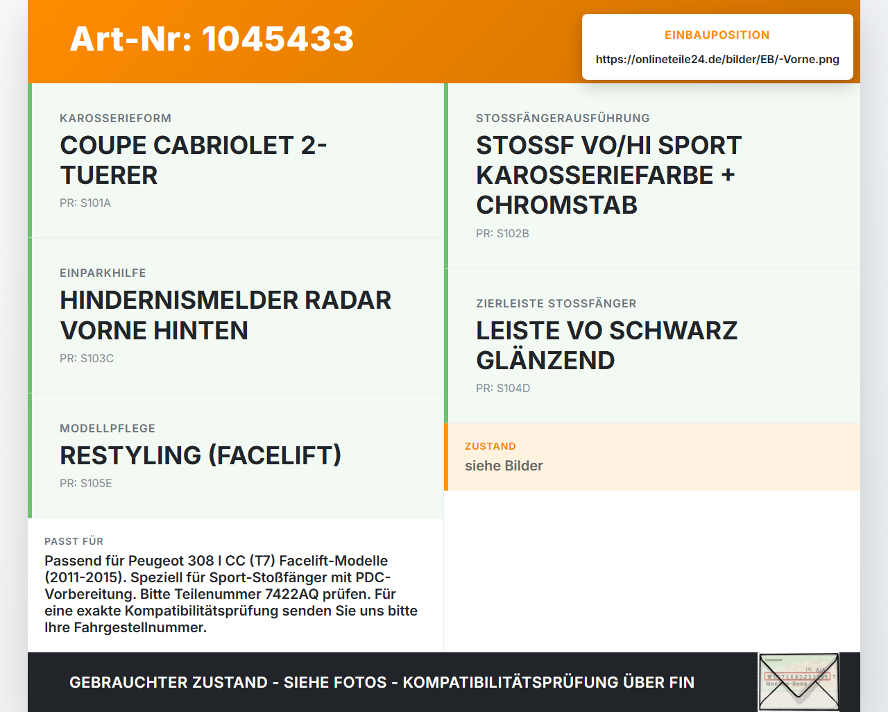 Peugeot 308 I CC 11-15 Träger Pralldämpfer für Stoßstange Vorne Peugeot 308 I CC 11-15 20.04.2012 7422AQ gebraucht Vorschau 3