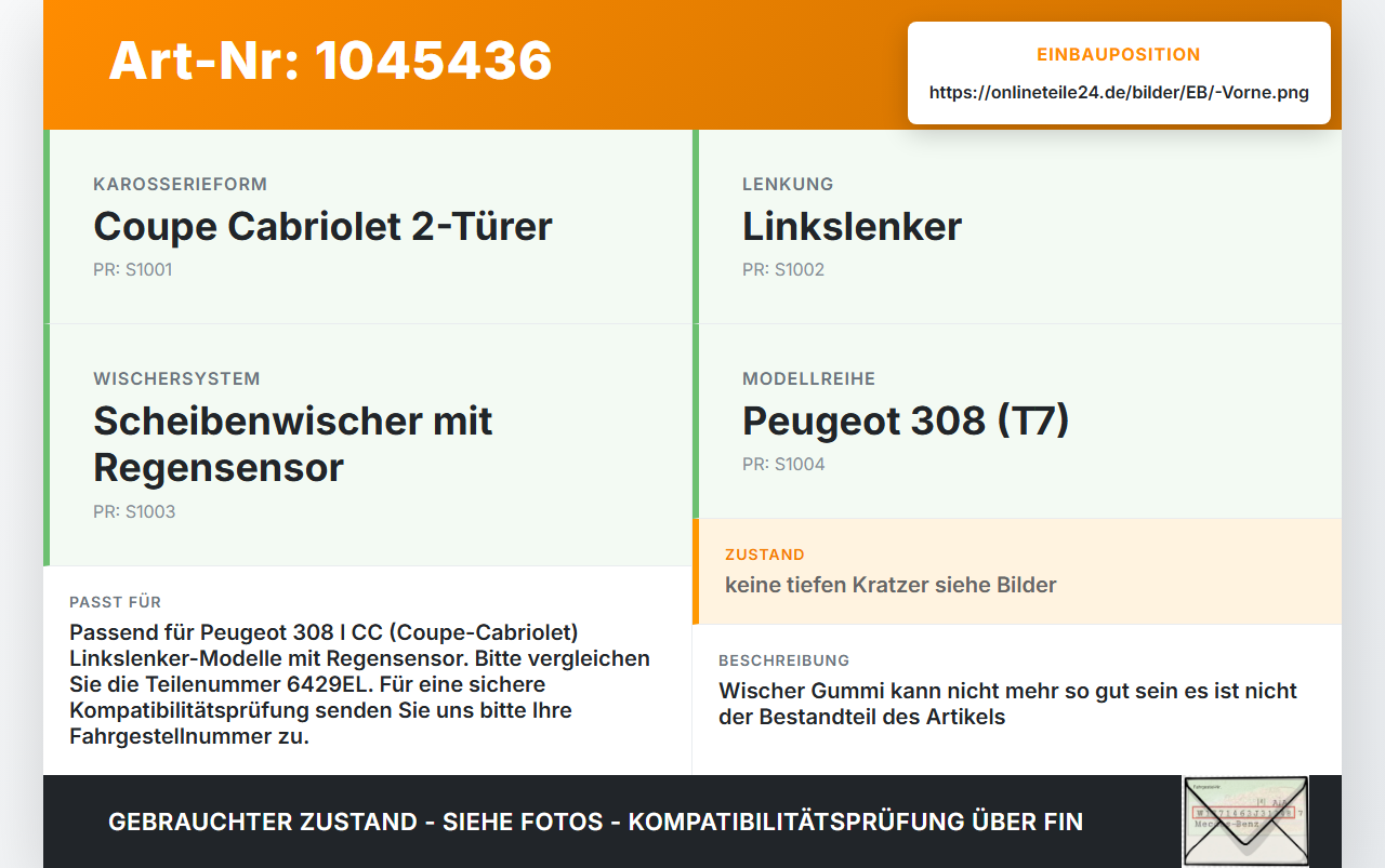 Peugeot 308 I CC 11-15 2x Scheibenwischer Wischarm Vorne Peugeot 308 I CC 11-15 20.04.2012 6429EL 9681172280-02... Vorschau 3