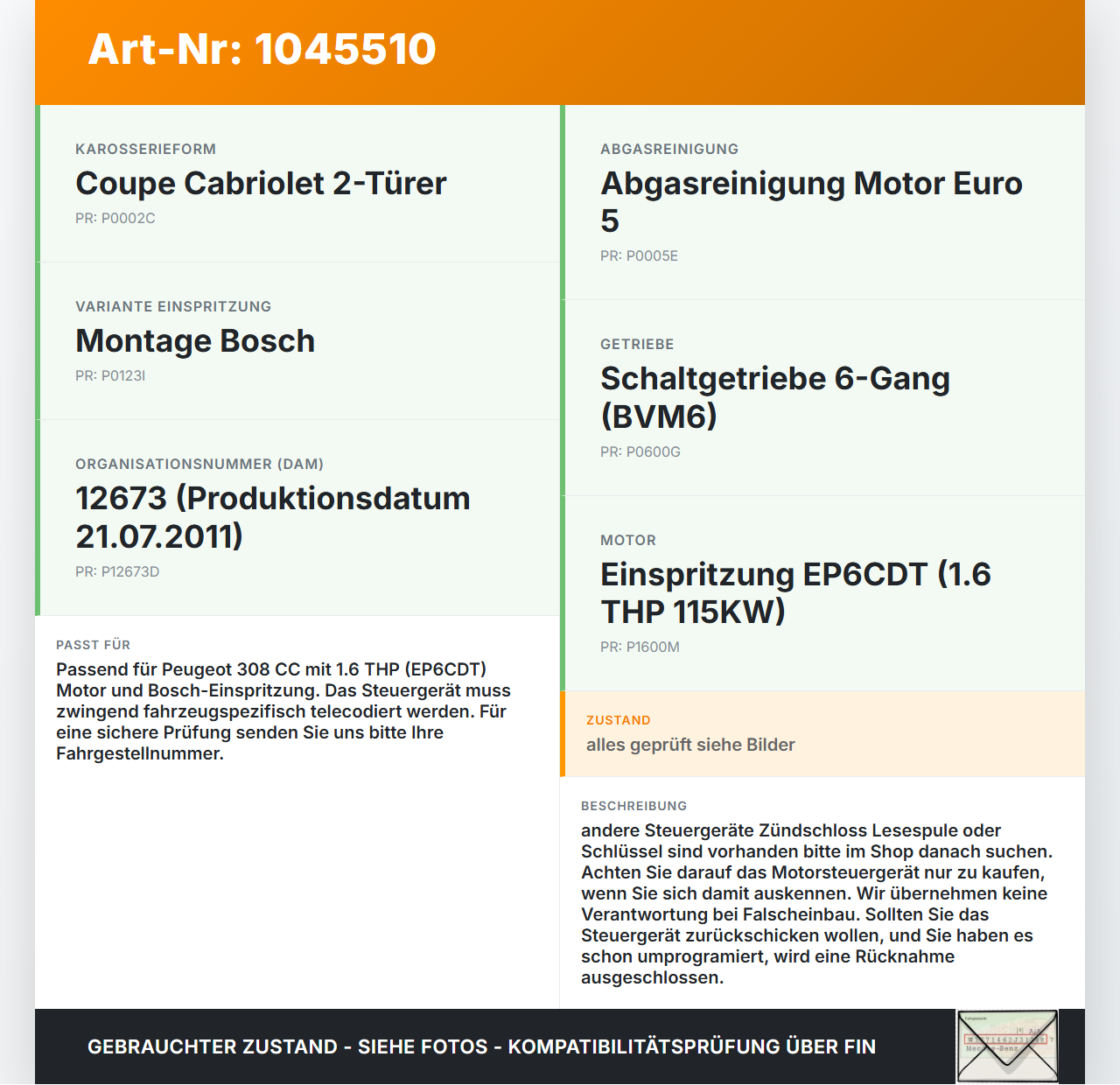 Peugeot 308 I CC 11-15 THP 1,6 115KW Steuergerät ECU für Motor Motorsteuergerät Peugeot 308 I CC 11-15 20.04.2012... Vorschau 3