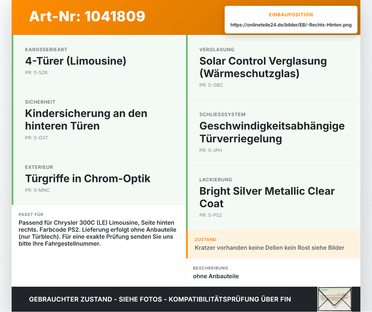 Chrysler 300C LE 04-07 Lim Tür Rechts Hinten PS2 Chrysler 300C LE 04-07 07.08.2007 gebraucht Vorschau 3