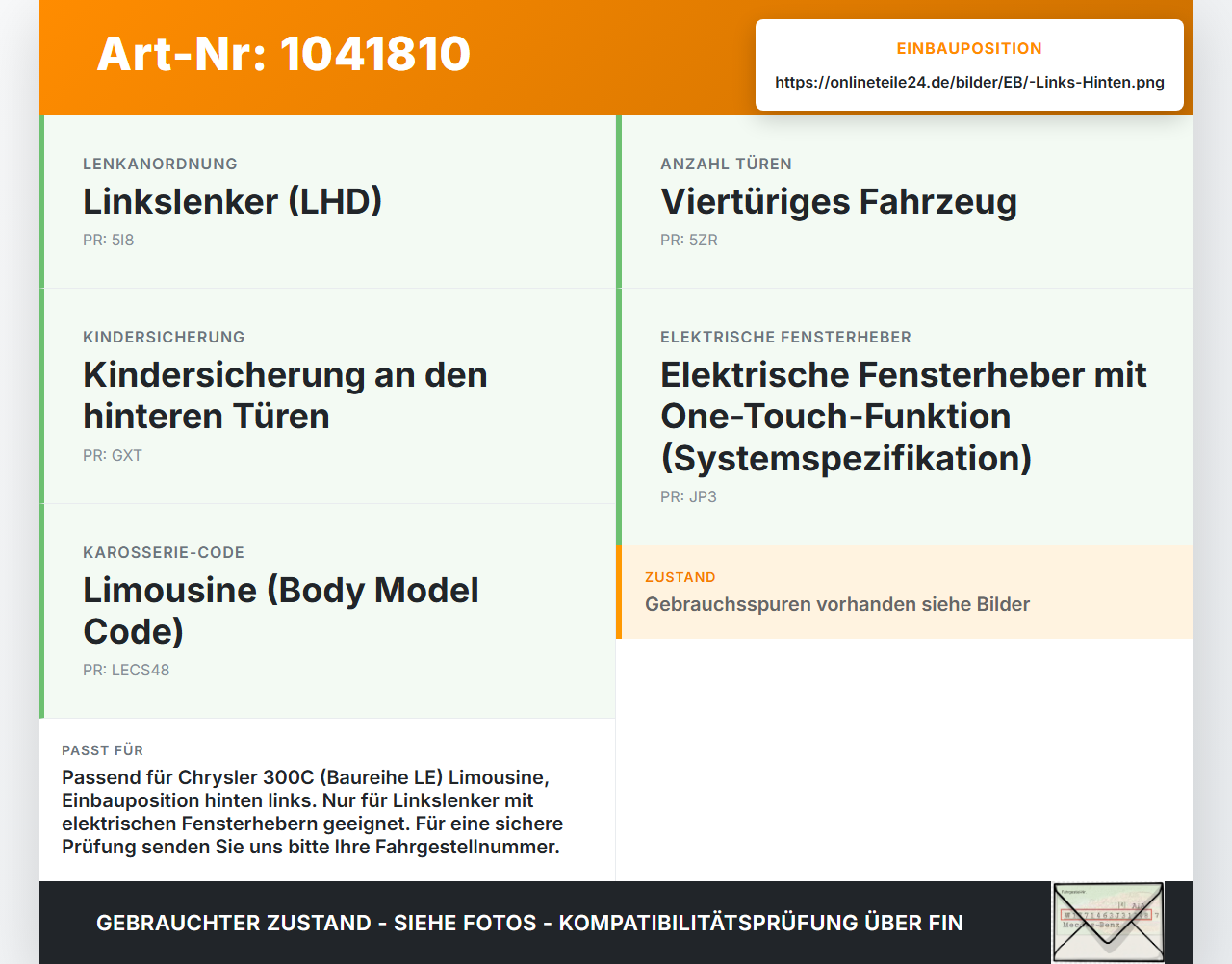 Chrysler 300C LE 04-07 Lim Fensterhebermotor mit Fensterheber Links Hinten Chrysler 300C LE 04-07 07.08.2007... Vorschau 3