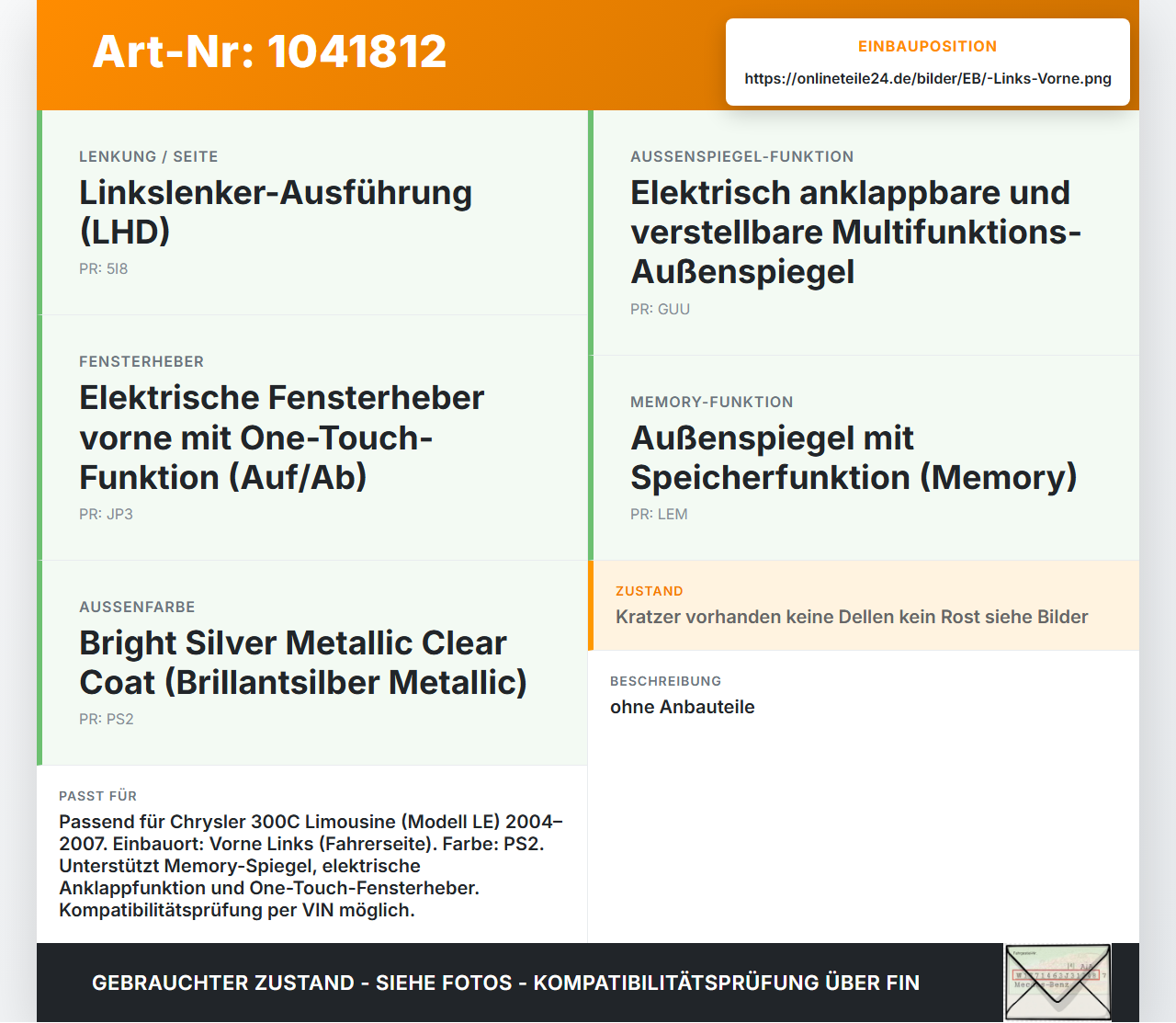 Chrysler 300C LE 04-07 Lim Tür Fahrertür Links Vorne PS2 Chrysler 300C LE 04-07 07.08.2007 gebraucht Vorschau 3