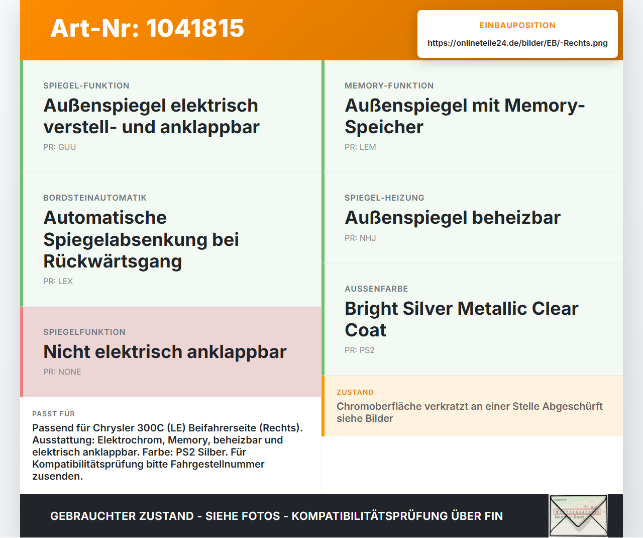 Chrysler 300C LE 04-07 Spiegel Aussenspiegel Rechts Elektrochrom PS2 Chrysler 300C LE 04-07 07.08.2007 gebraucht Vorschau 3