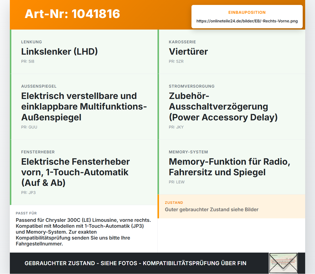Chrysler 300C LE 04-07 Lim Fensterhebermotor mit Fensterheber Rechts Vorne Chrysler 300C LE 04-07 07.08.2007... Vorschau 3
