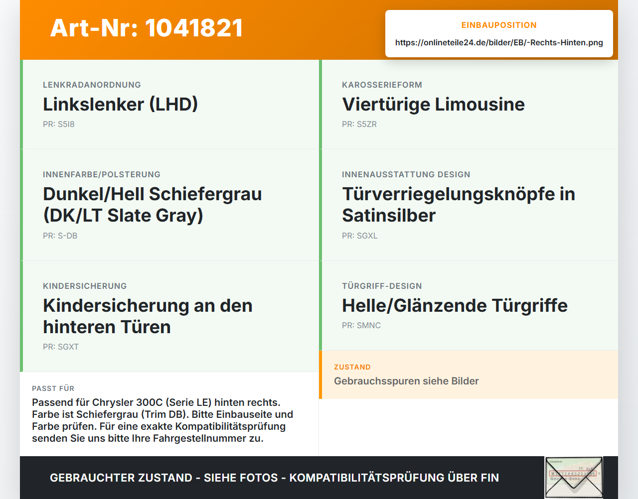 Chrysler 300C LE 04-07 Lim Griff Griffmuschel Türgriff Innen Rechts Hinten Chrysler 300C LE 04-07 07.08.2007... Vorschau 3