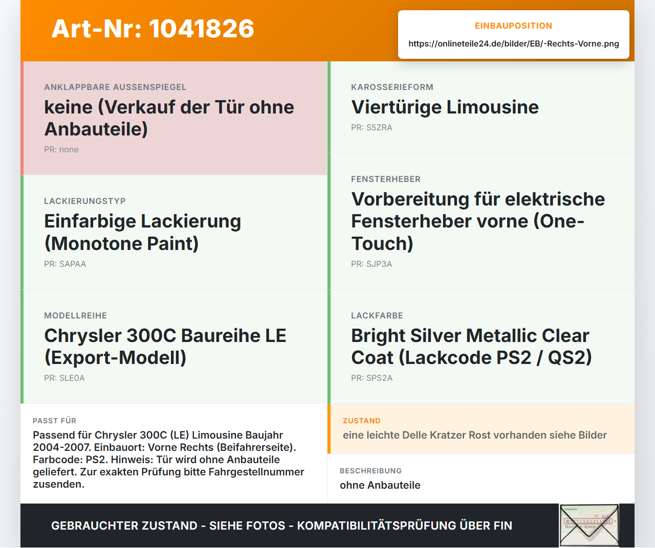Chrysler 300C LE 04-07 Lim Tür Beifahrertür Rechts Vorne PS2 Chrysler 300C LE 04-07 07.08.2007 gebraucht Vorschau 3