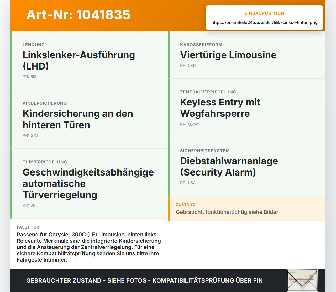 Chrysler 300C LE 04-07 Lim Türschloss m. ZV Stellmotor Links Hinten Chrysler 300C LE 04-07 07.08.2007 gebraucht Vorschau 3